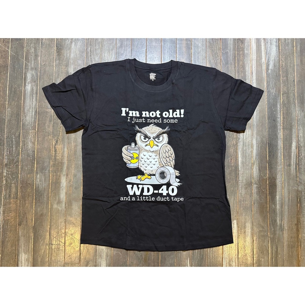 Humorous Owl‎ WD-40 Duct Tape Graphic T-Shirt Black Short Sleeve Womens